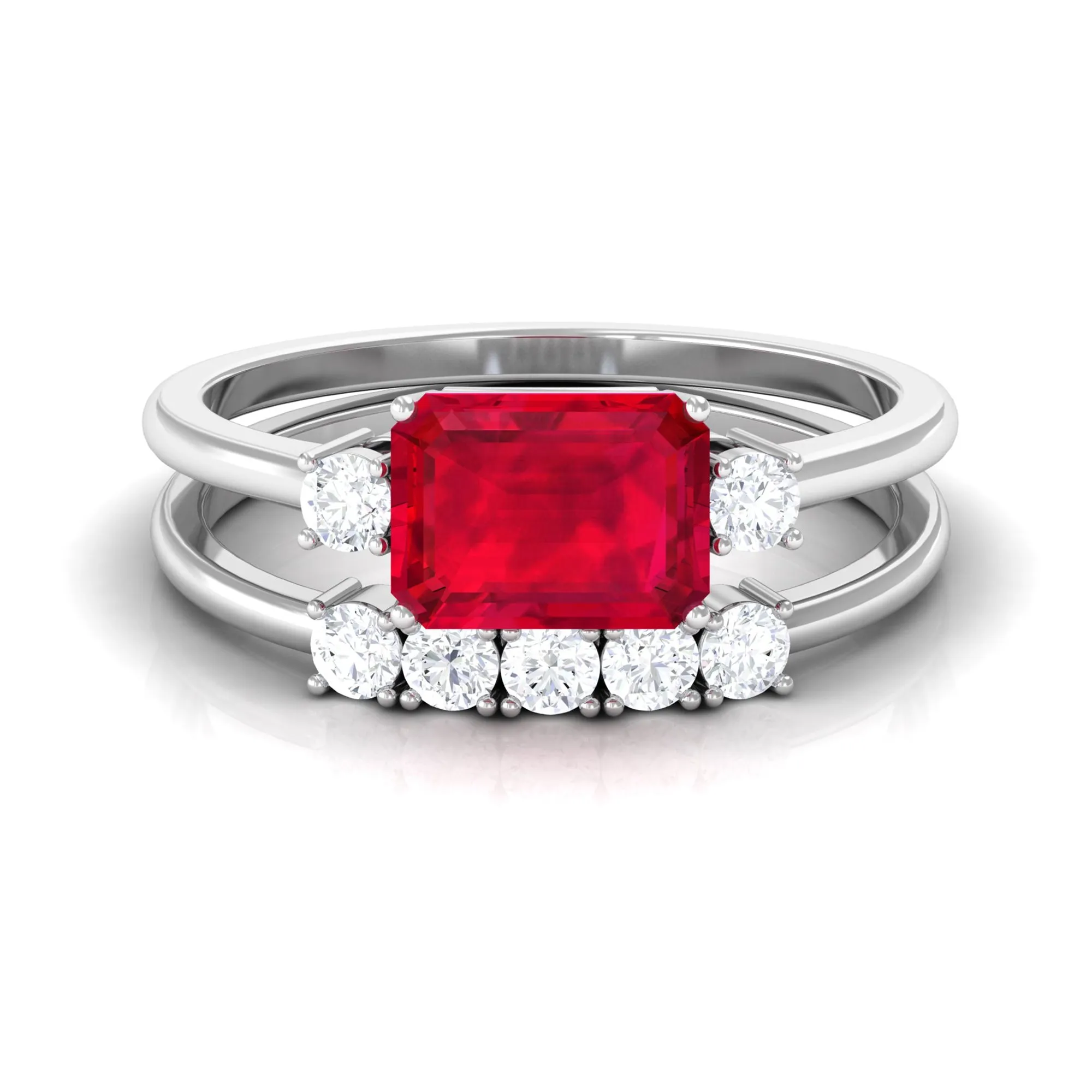 Emerald Cut Created Ruby Contemporary Wedding Ring Set with Diamond