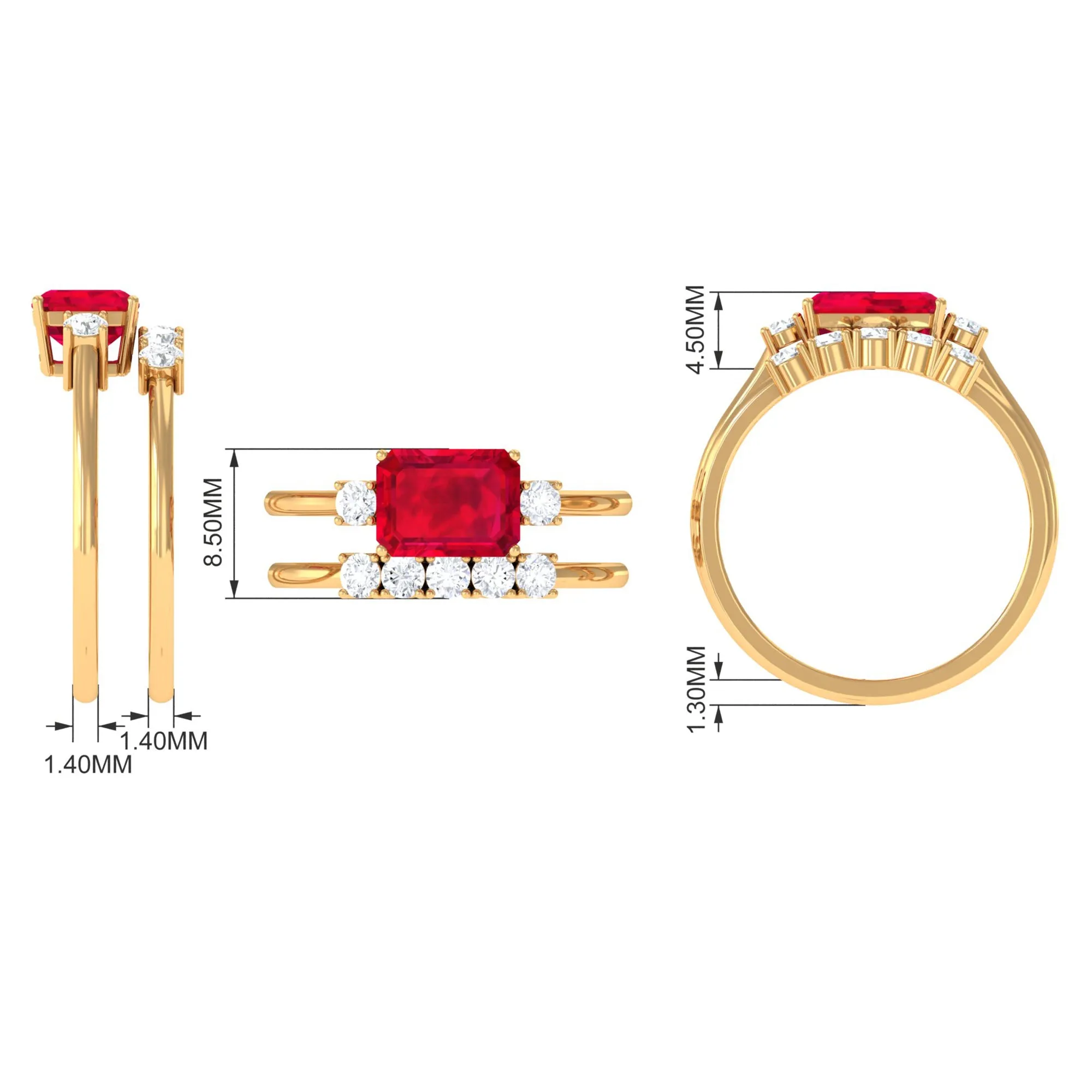 Emerald Cut Created Ruby Contemporary Wedding Ring Set with Diamond