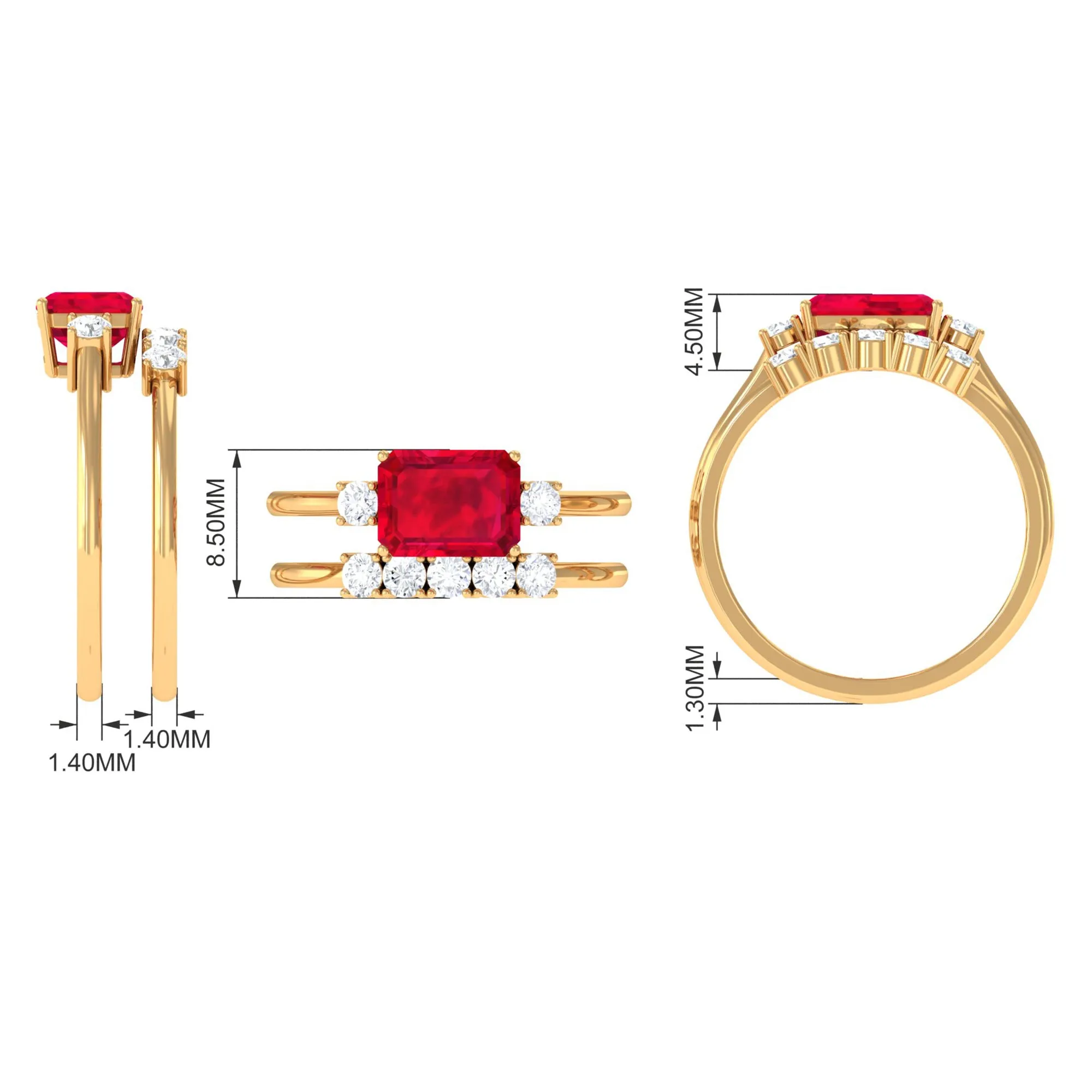 Emerald Cut Created Ruby Contemporary Wedding Ring Set with Diamond