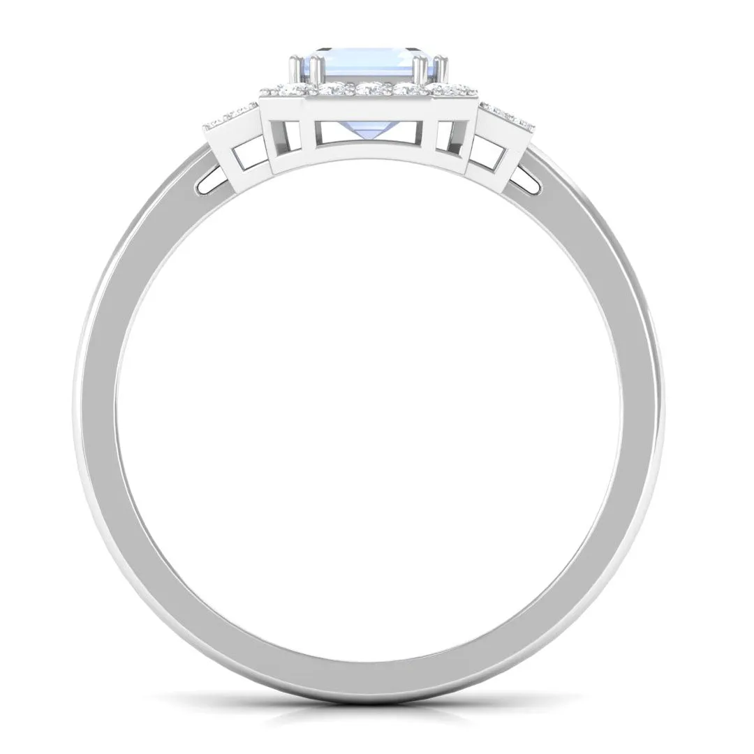 Emerald Cut Moonstone Halo Engagement Ring with Diamond