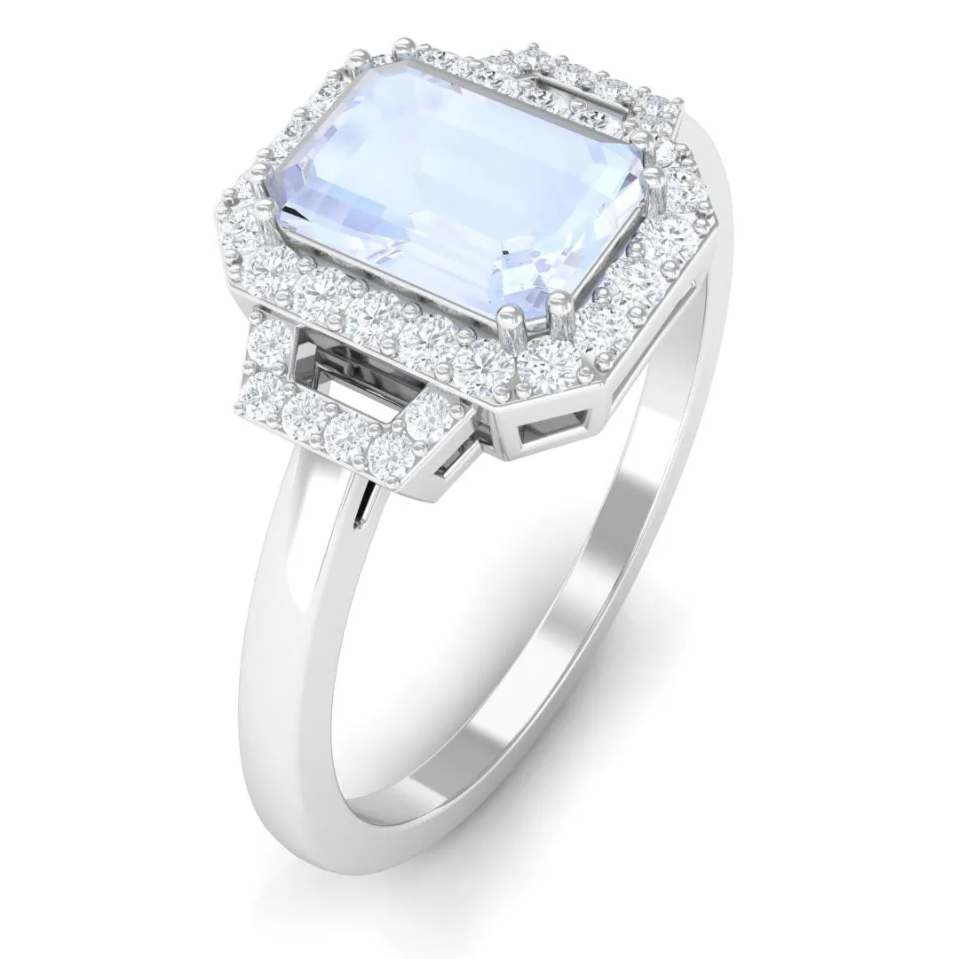 Emerald Cut Moonstone Halo Engagement Ring with Diamond