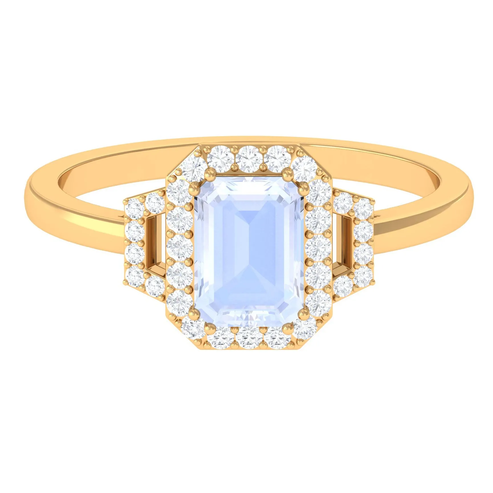 Emerald Cut Moonstone Halo Engagement Ring with Diamond