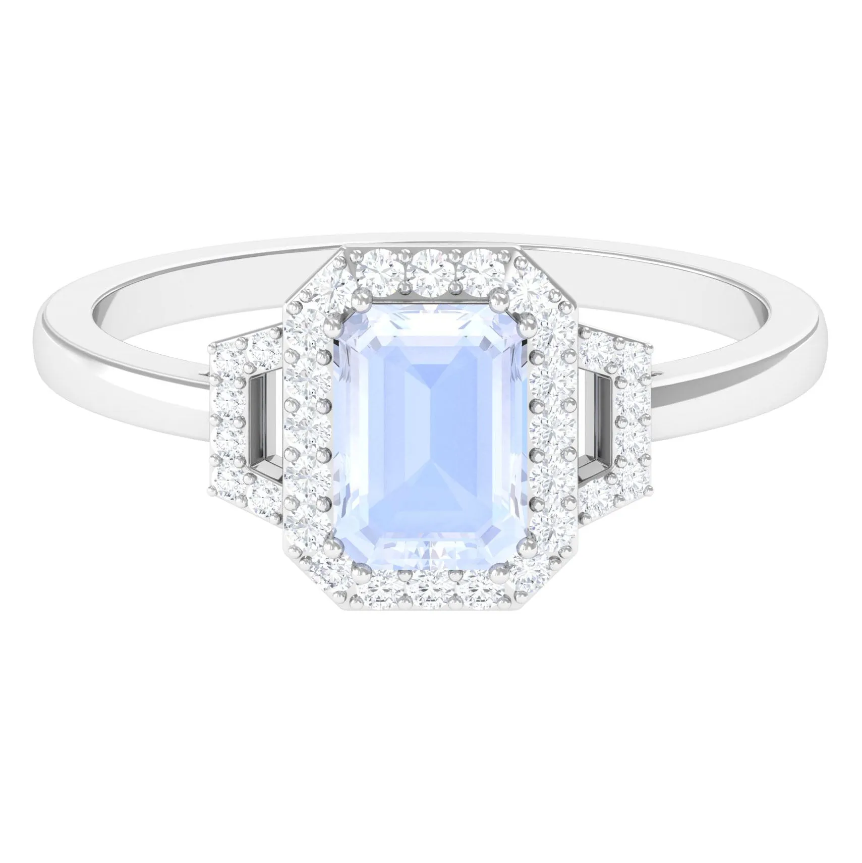 Emerald Cut Moonstone Halo Engagement Ring with Diamond