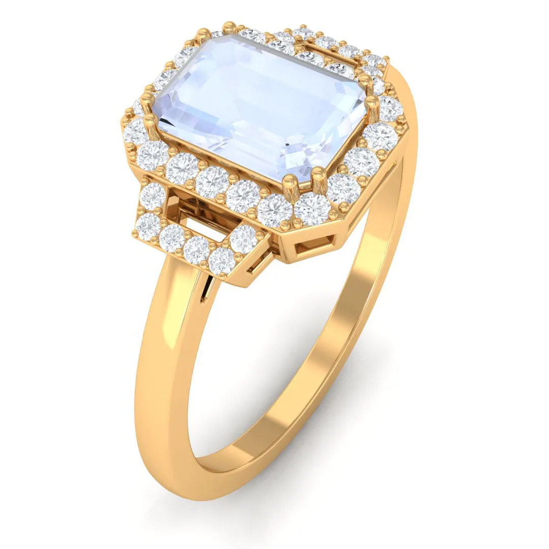 Emerald Cut Moonstone Halo Engagement Ring with Diamond