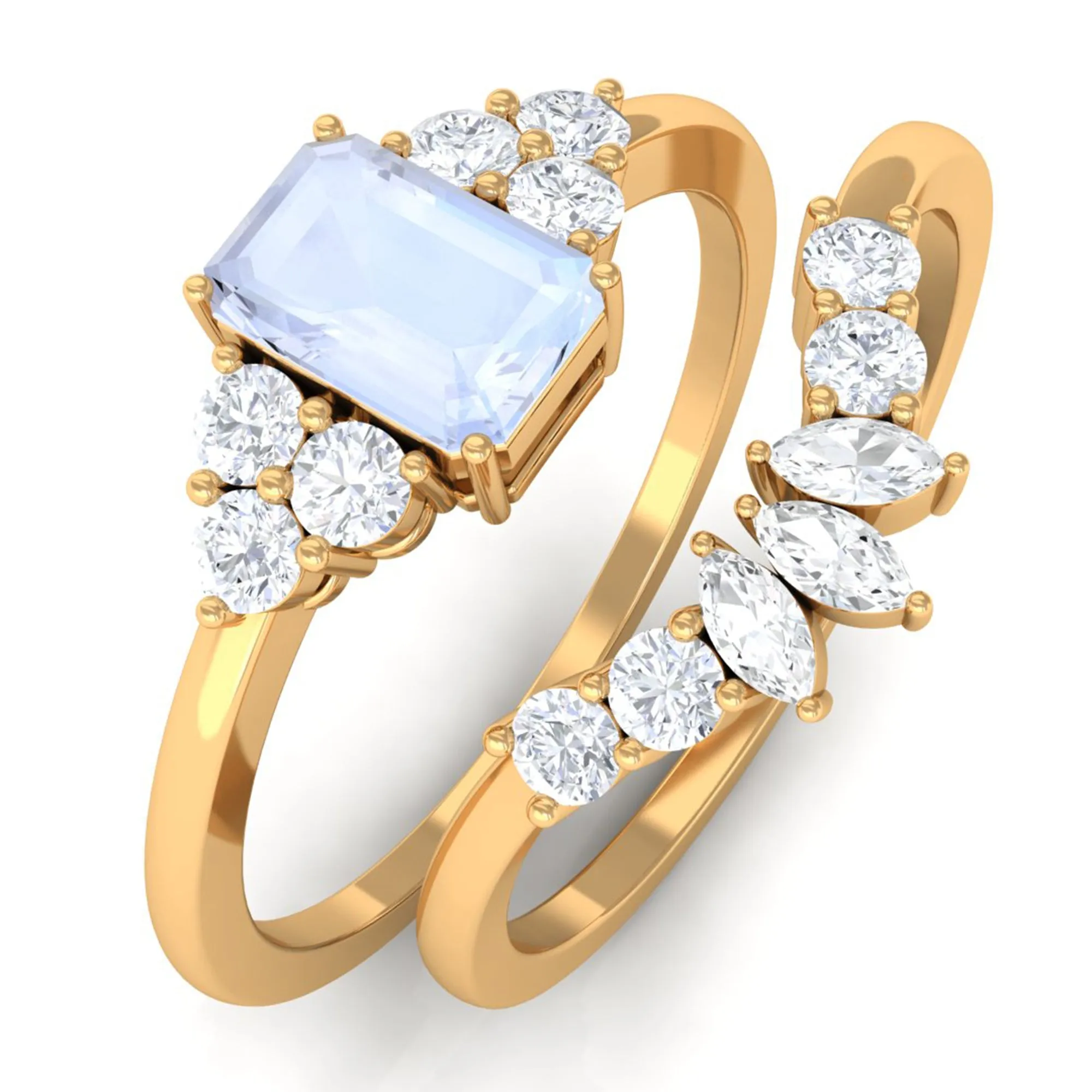 Emerald Cut Moonstone Solitaire Ring Set with Diamond