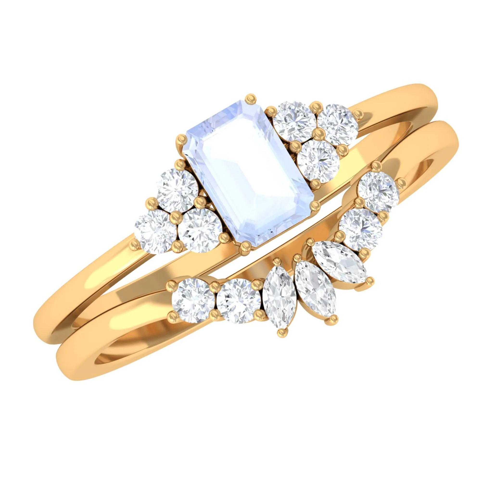 Emerald Cut Moonstone Solitaire Ring Set with Diamond