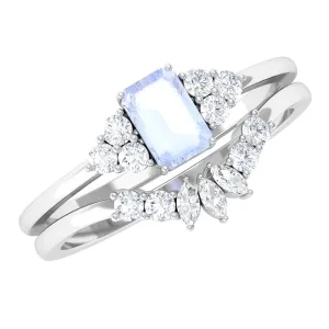 Emerald Cut Moonstone Solitaire Ring Set with Diamond