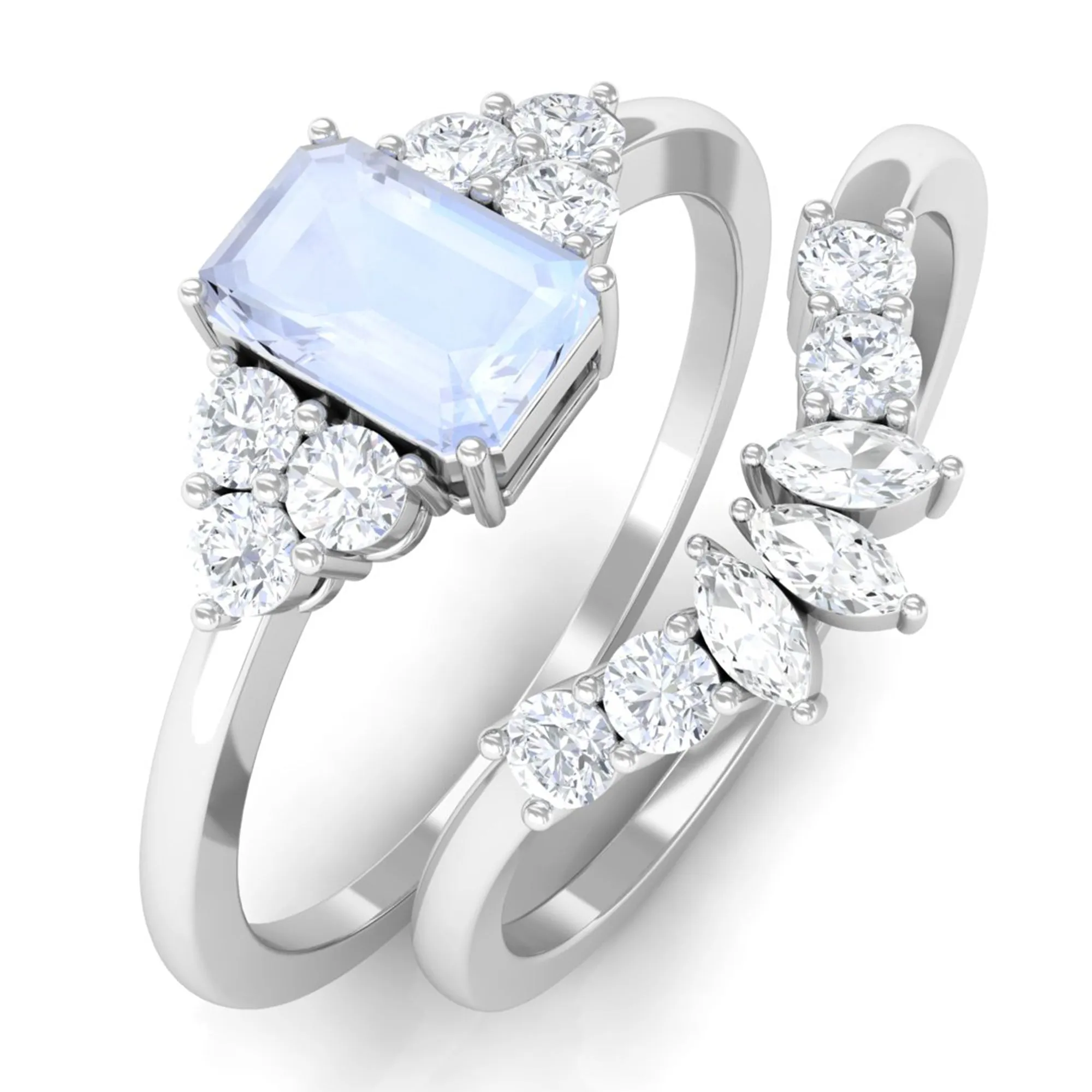 Emerald Cut Moonstone Solitaire Ring Set with Diamond