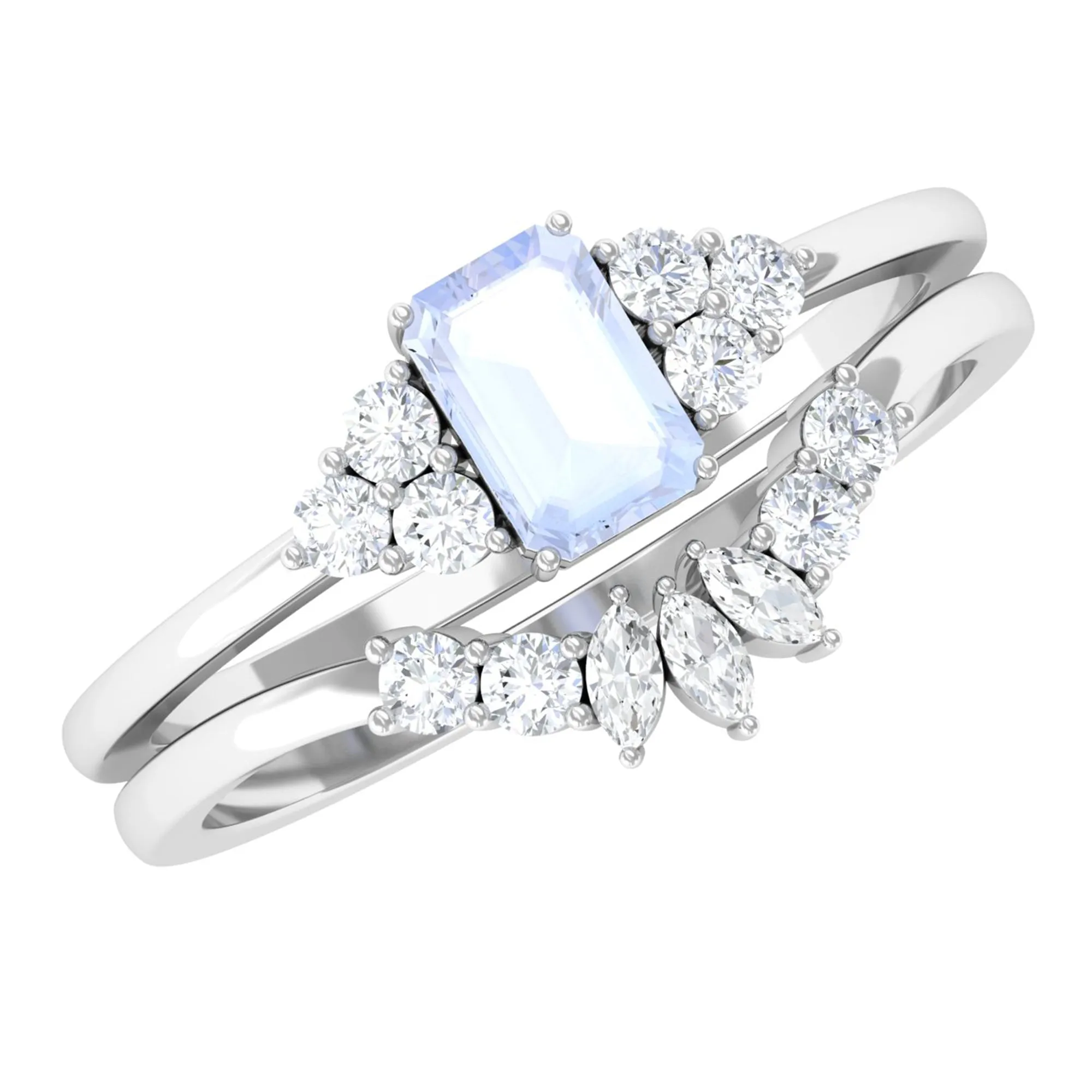 Emerald Cut Moonstone Solitaire Ring Set with Diamond