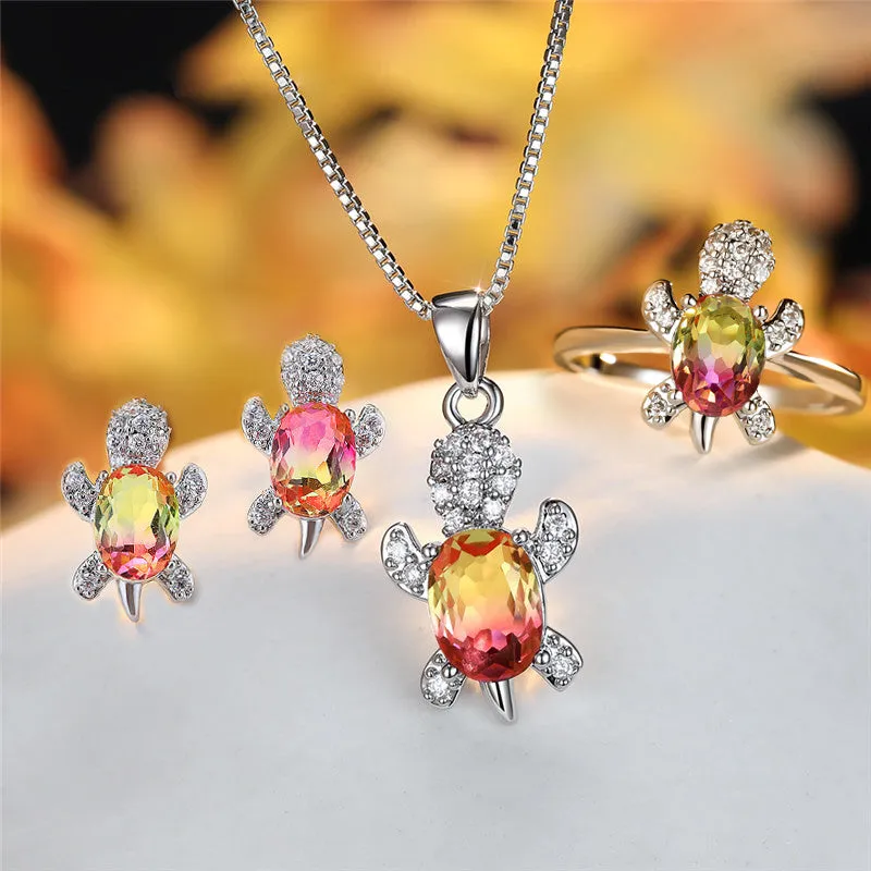 Fashion Oval Zircon Pendant Turtle Shape Necklaces With Rainbow Stone Multicolor Animal Necklace Jewelry For Woman And Children