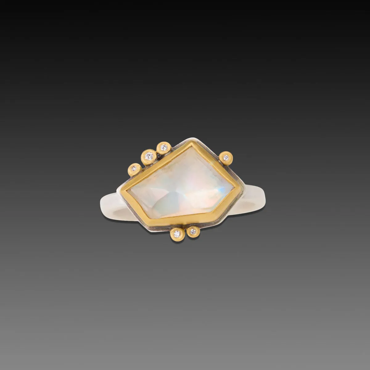 Geometric Rainbow Moonstone Ring with Diamonds