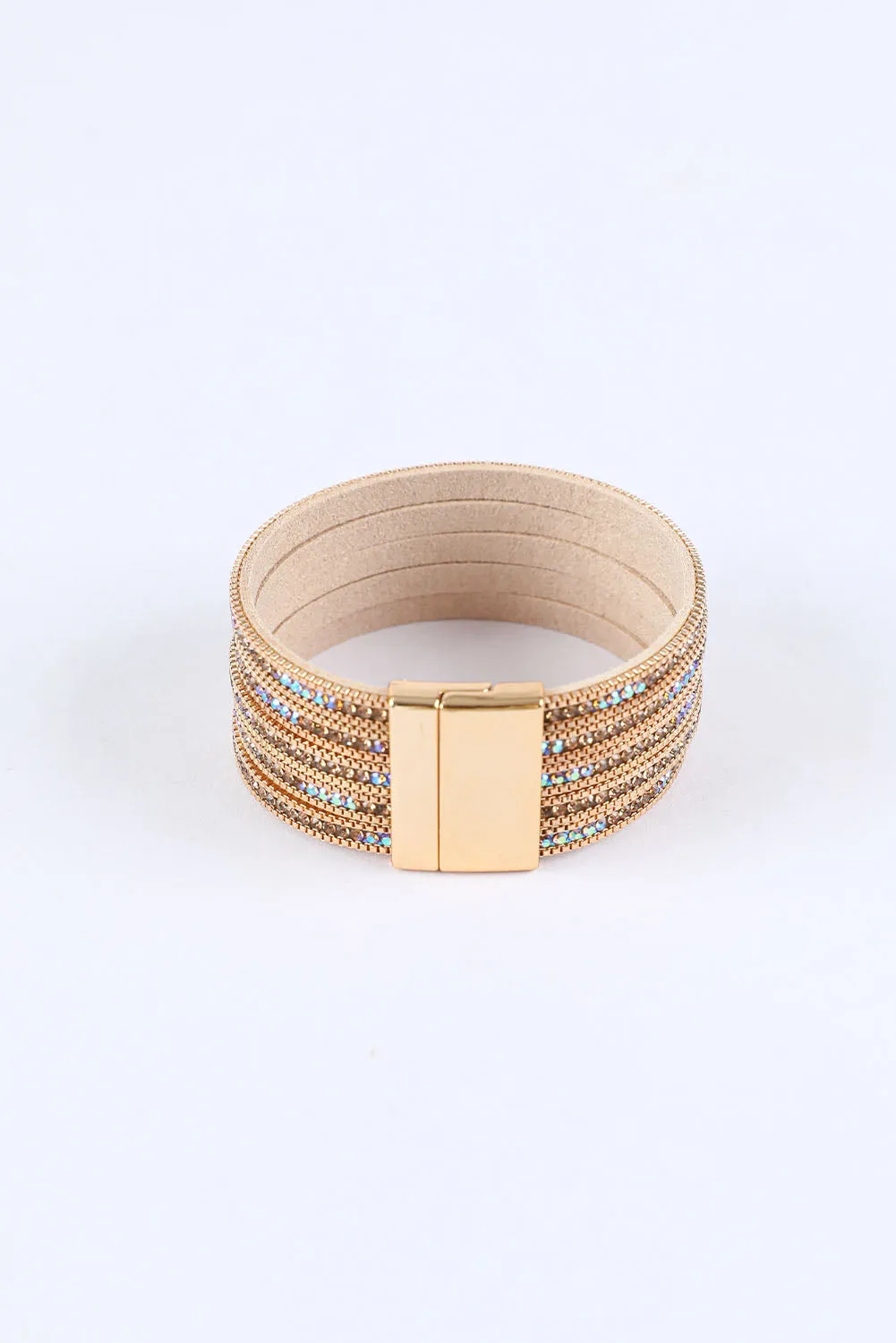 Glamour Unleashed: Gold Full Diamond Leather Magnetic Bracelet, Gold Accented Bracelet, Statement Buckle Bracelet