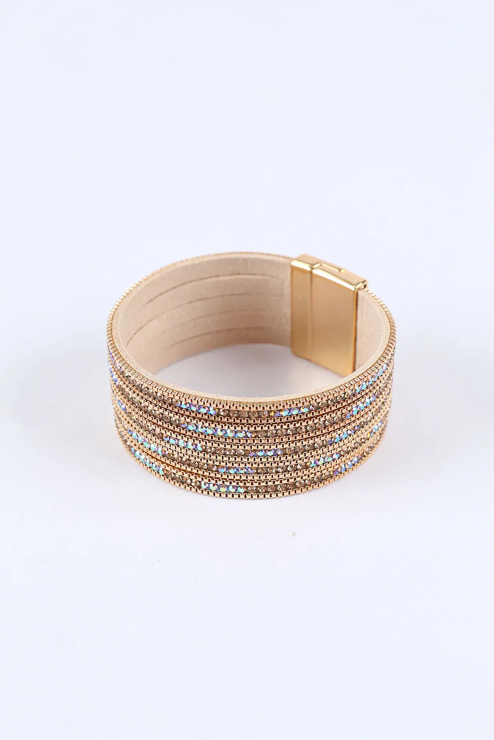 Glamour Unleashed: Gold Full Diamond Leather Magnetic Bracelet, Gold Accented Bracelet, Statement Buckle Bracelet