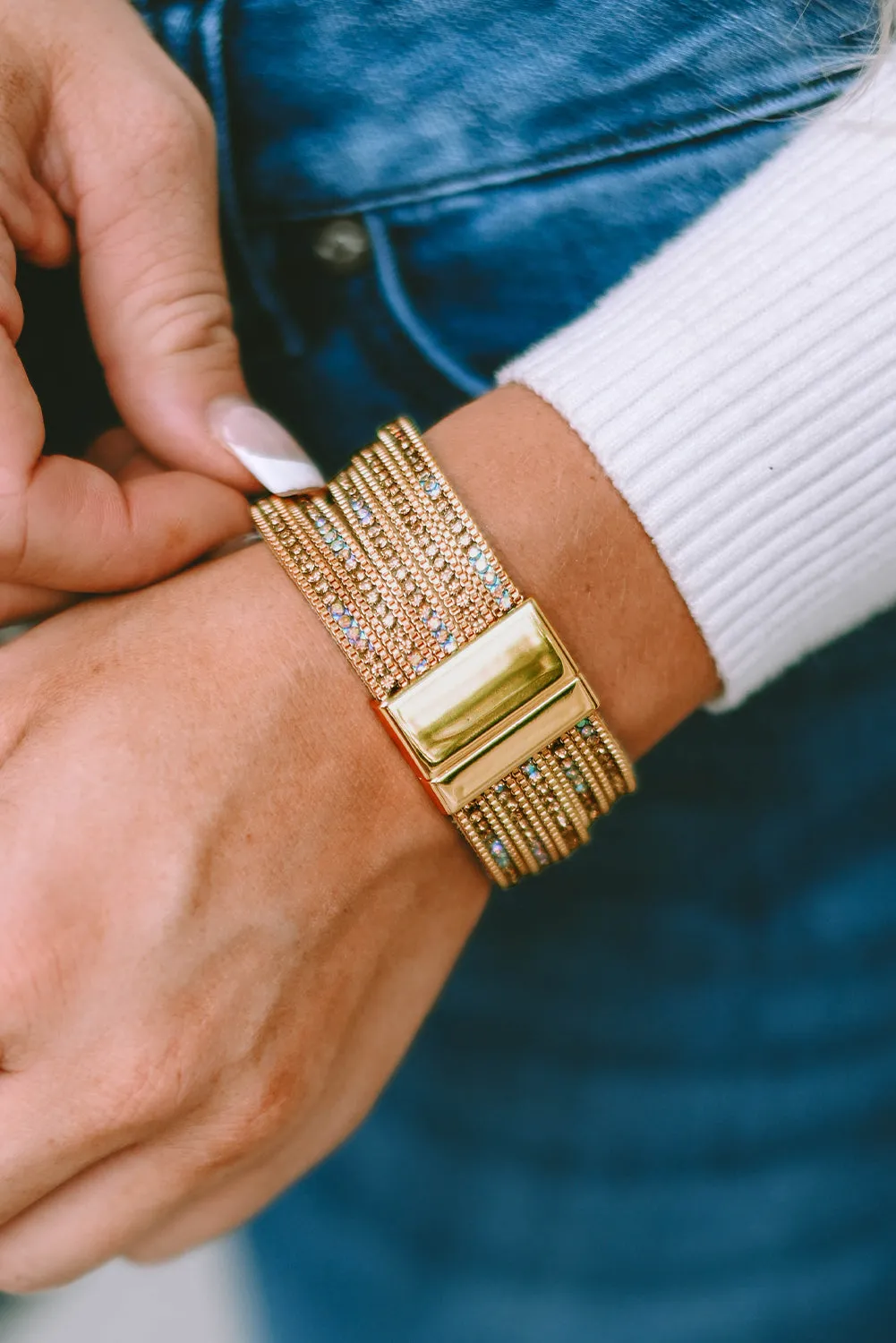 Glamour Unleashed: Gold Full Diamond Leather Magnetic Bracelet, Gold Accented Bracelet, Statement Buckle Bracelet