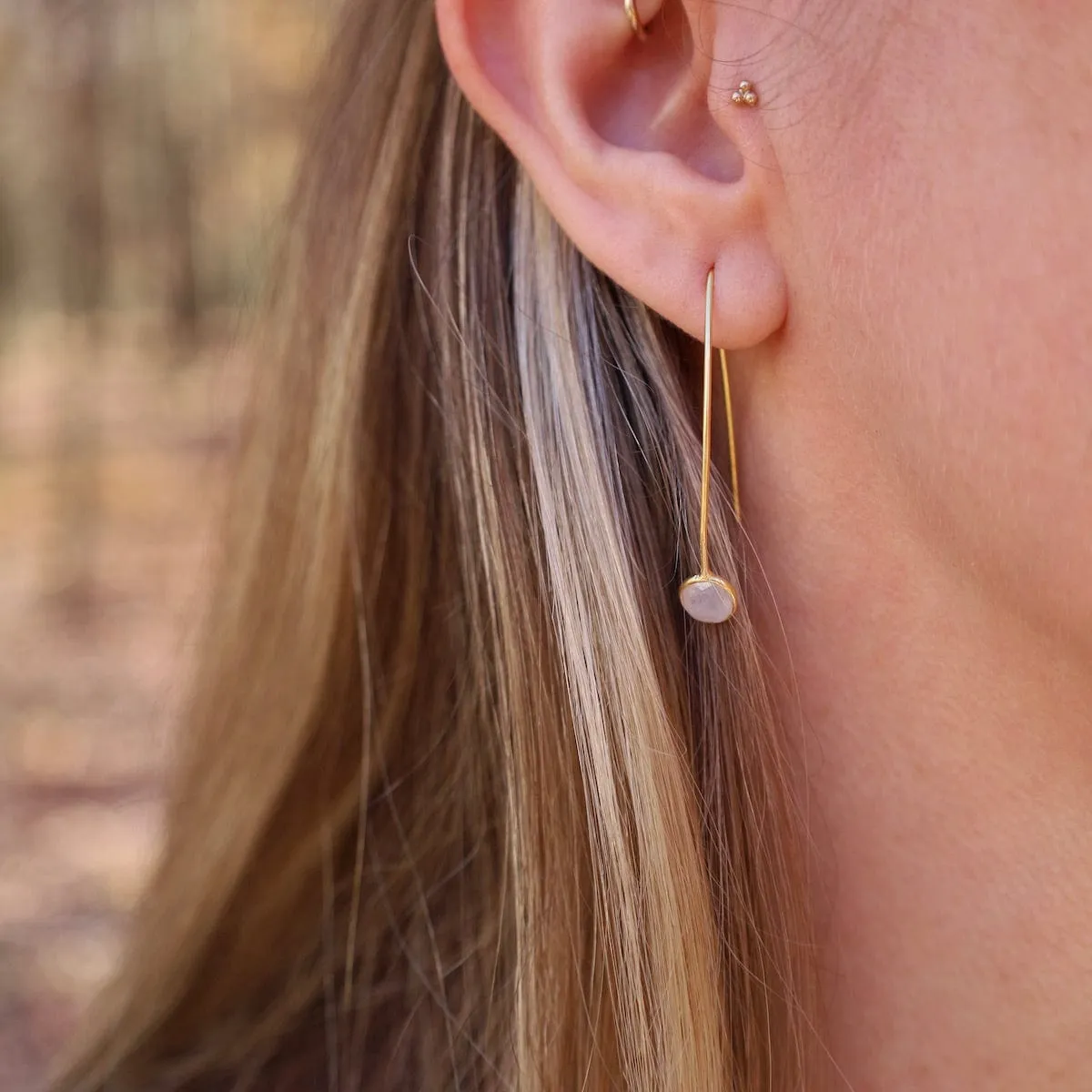 Gold Filled Hair Pin Drop Earrings with Bezel Set Moonstone