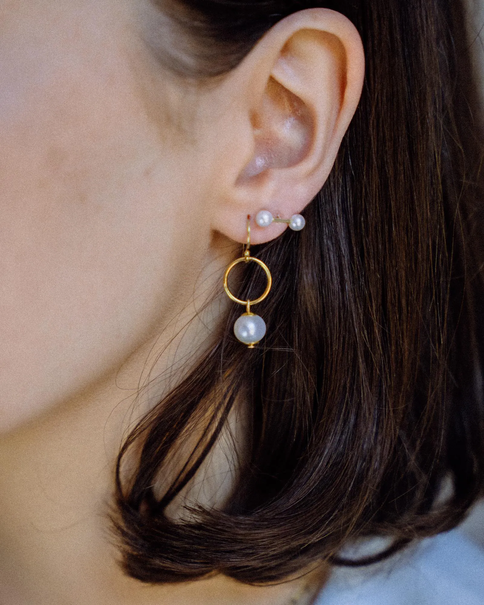 Gold Filled Petite Pearl & Circle Drop Earrings