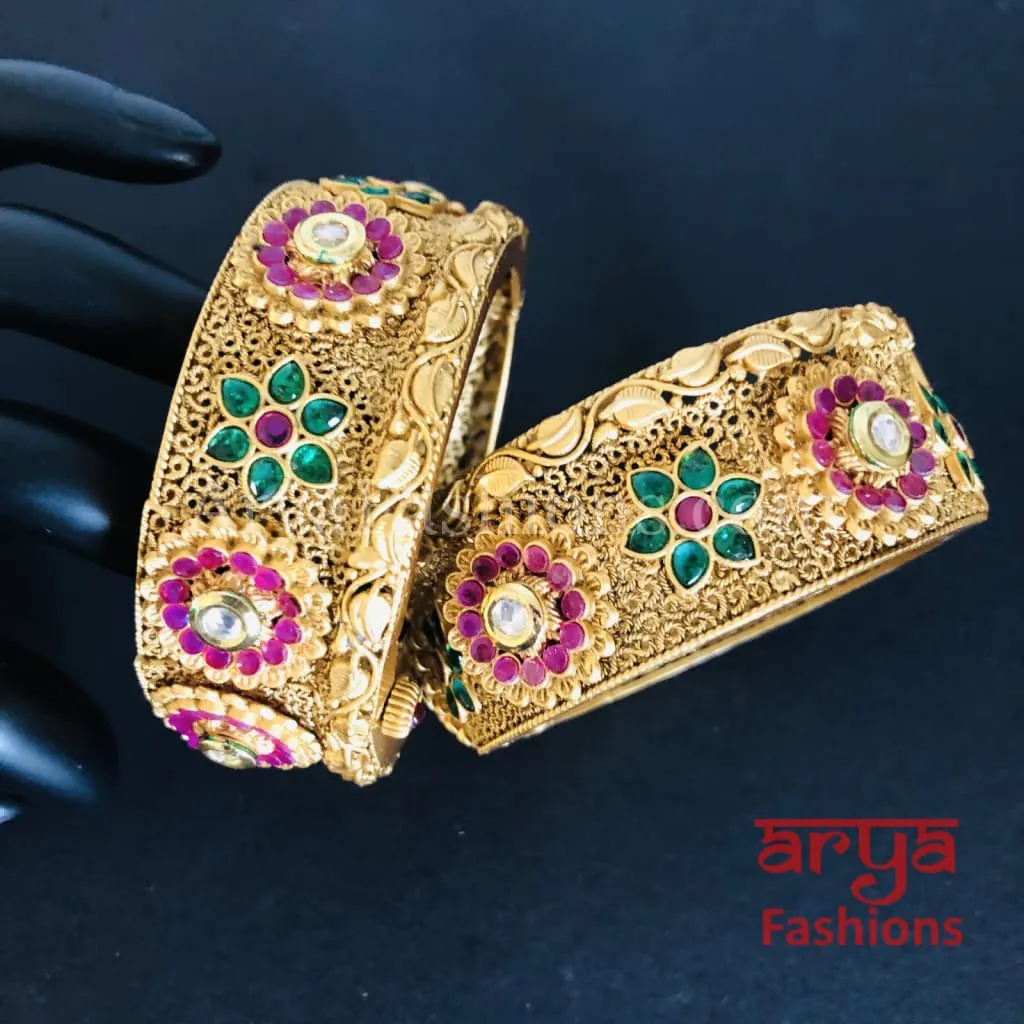 Golden Handcarved Kundan Jadau Kada with Ruby and Kundan stones