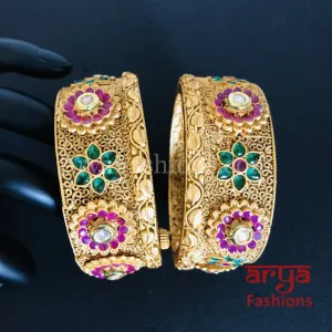 Golden Handcarved Kundan Jadau Kada with Ruby and Kundan stones