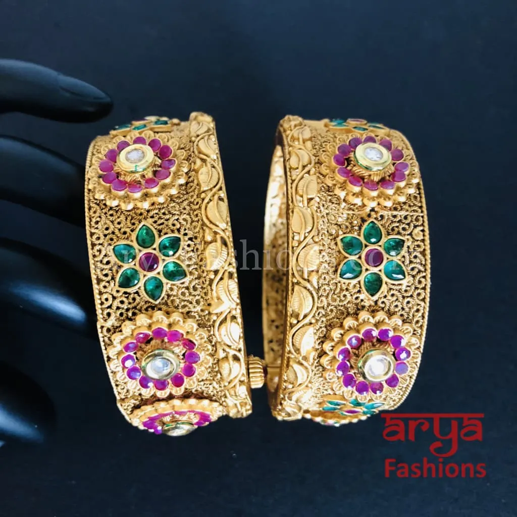 Golden Handcarved Kundan Jadau Kada with Ruby and Kundan stones