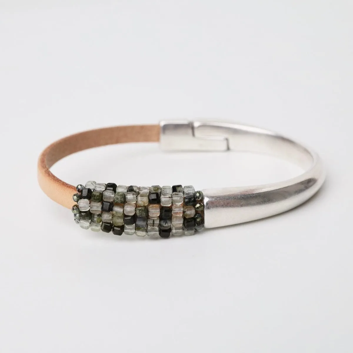 Green Amethyst Leather & Half Silver Cuff Bracelet