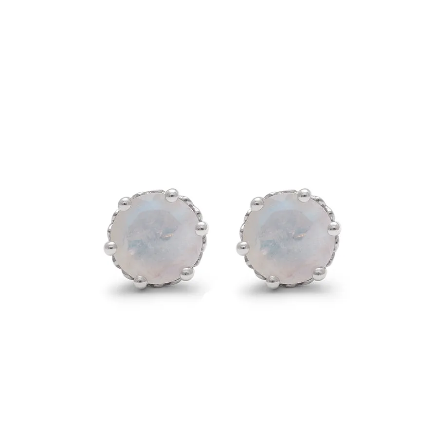 Hazeline Solitaire Stud Earrings (Medium) - Sterling Silver & Rainbow Moonstone