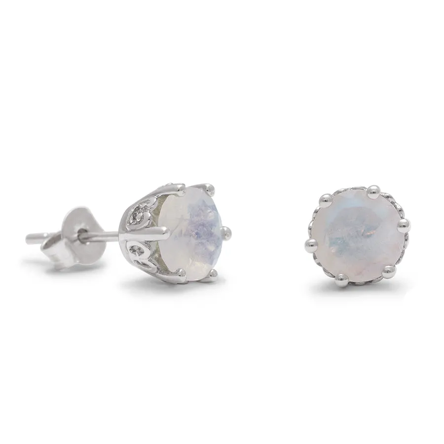 Hazeline Solitaire Stud Earrings (Medium) - Sterling Silver & Rainbow Moonstone