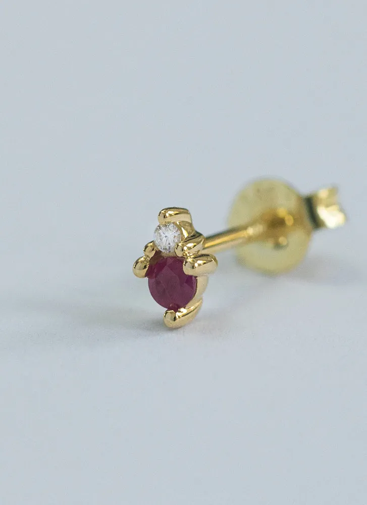 Jane diamond ruby single earstud 14k gold