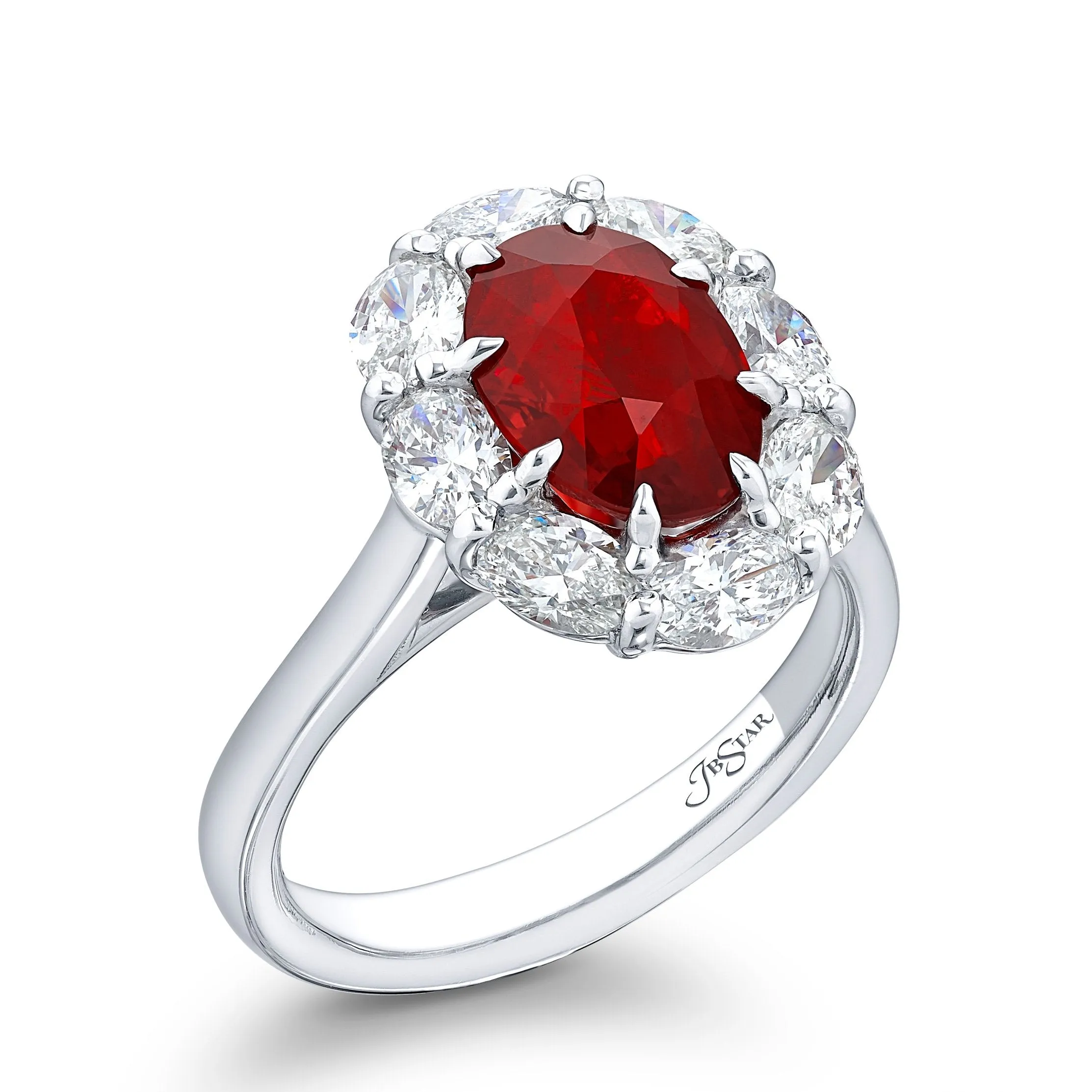 JB Star Oval Ruby "Pigeon's Blood" & Diamond Platinum Ring