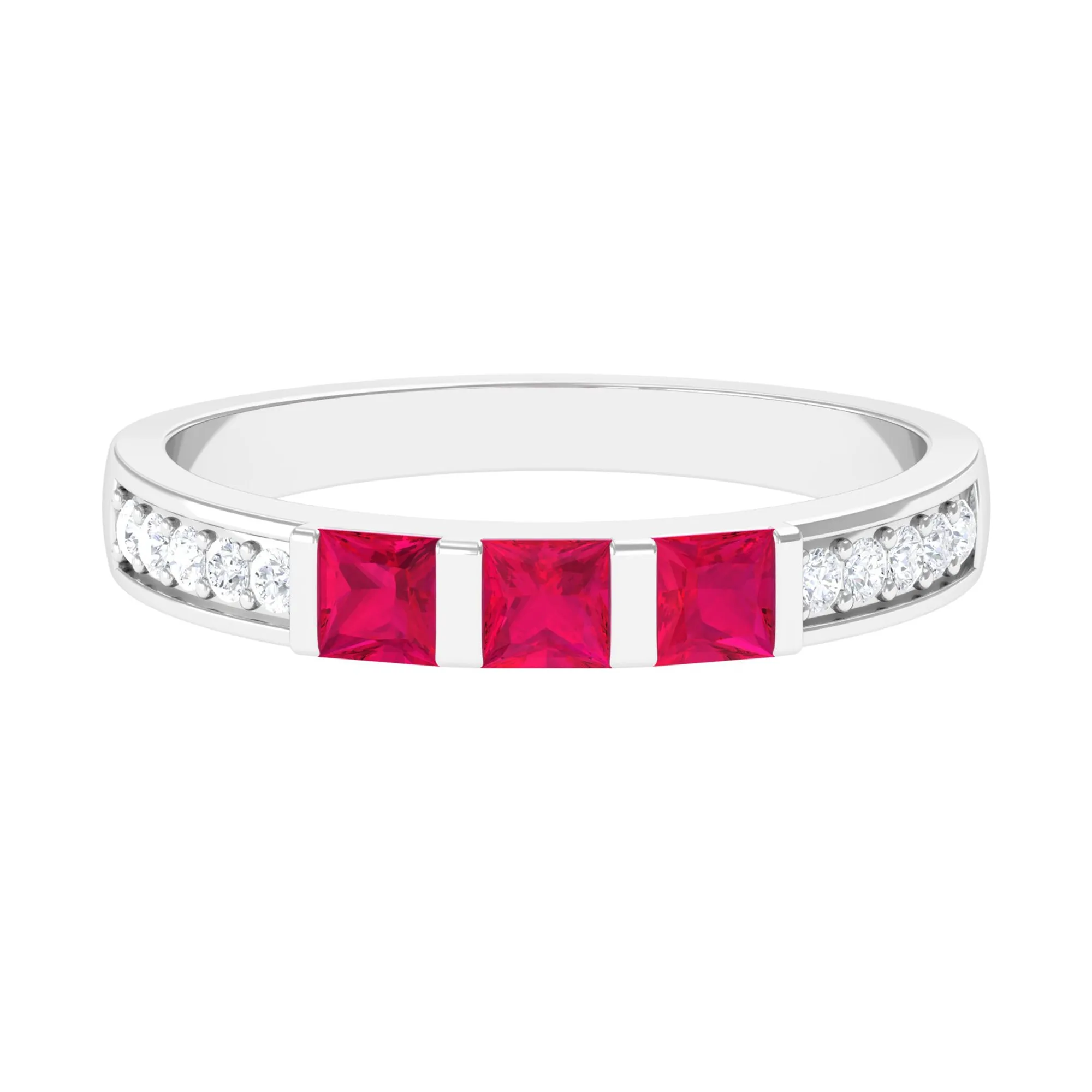 July Birthstone 3/4 CT Princess Cut Ruby Three Stone Anniversary Ring with Diamond Accent