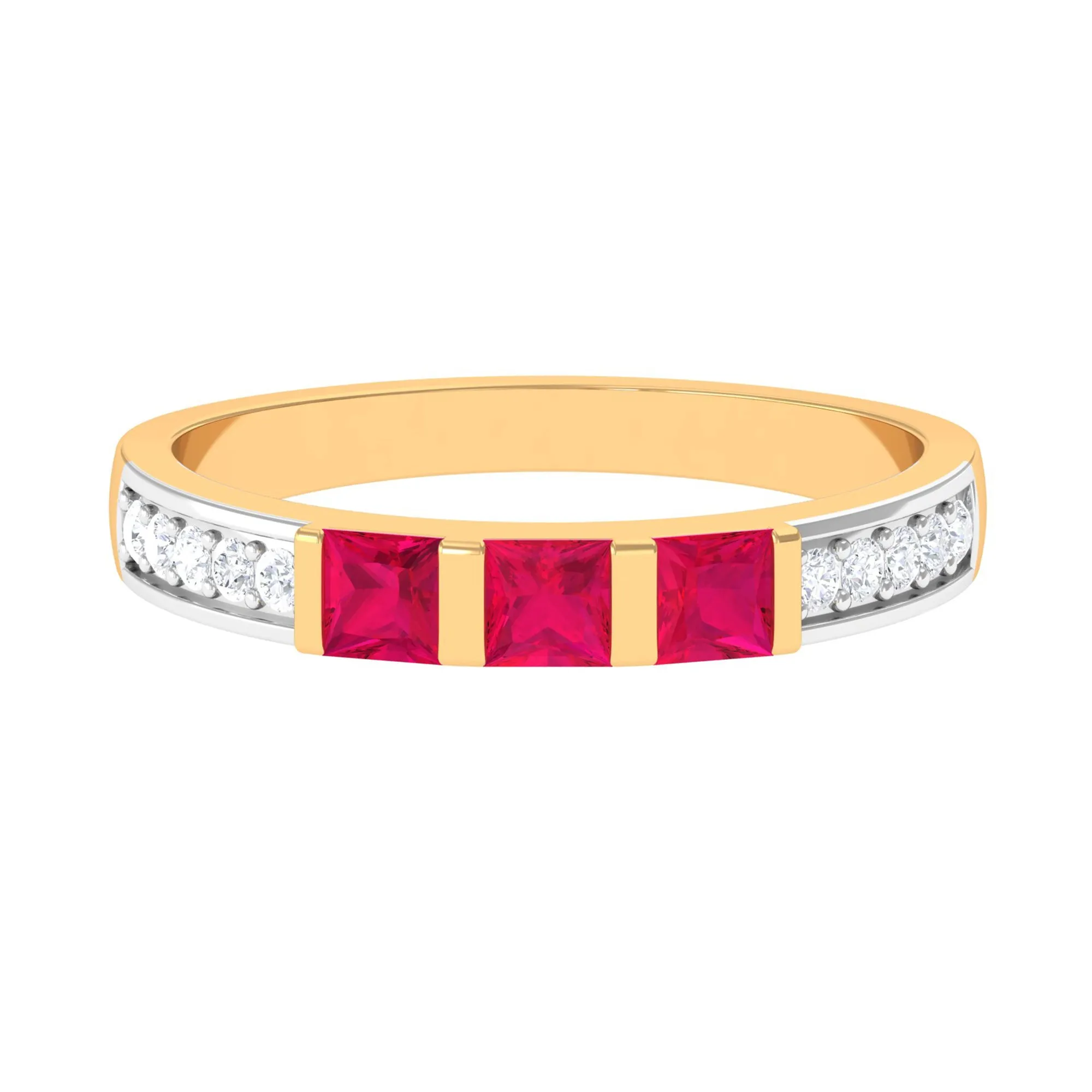 July Birthstone 3/4 CT Princess Cut Ruby Three Stone Anniversary Ring with Diamond Accent