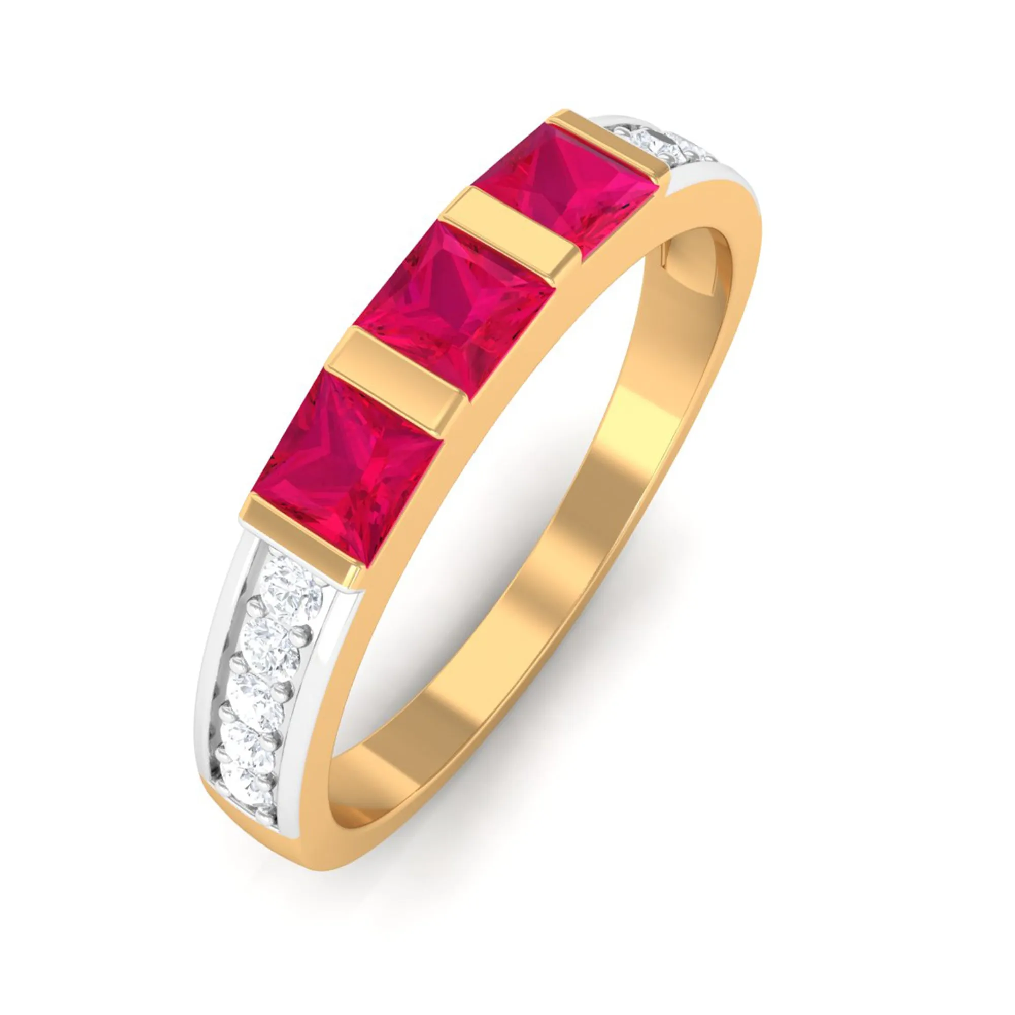 July Birthstone 3/4 CT Princess Cut Ruby Three Stone Anniversary Ring with Diamond Accent