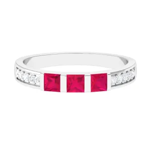 July Birthstone 3/4 CT Princess Cut Ruby Three Stone Anniversary Ring with Diamond Accent