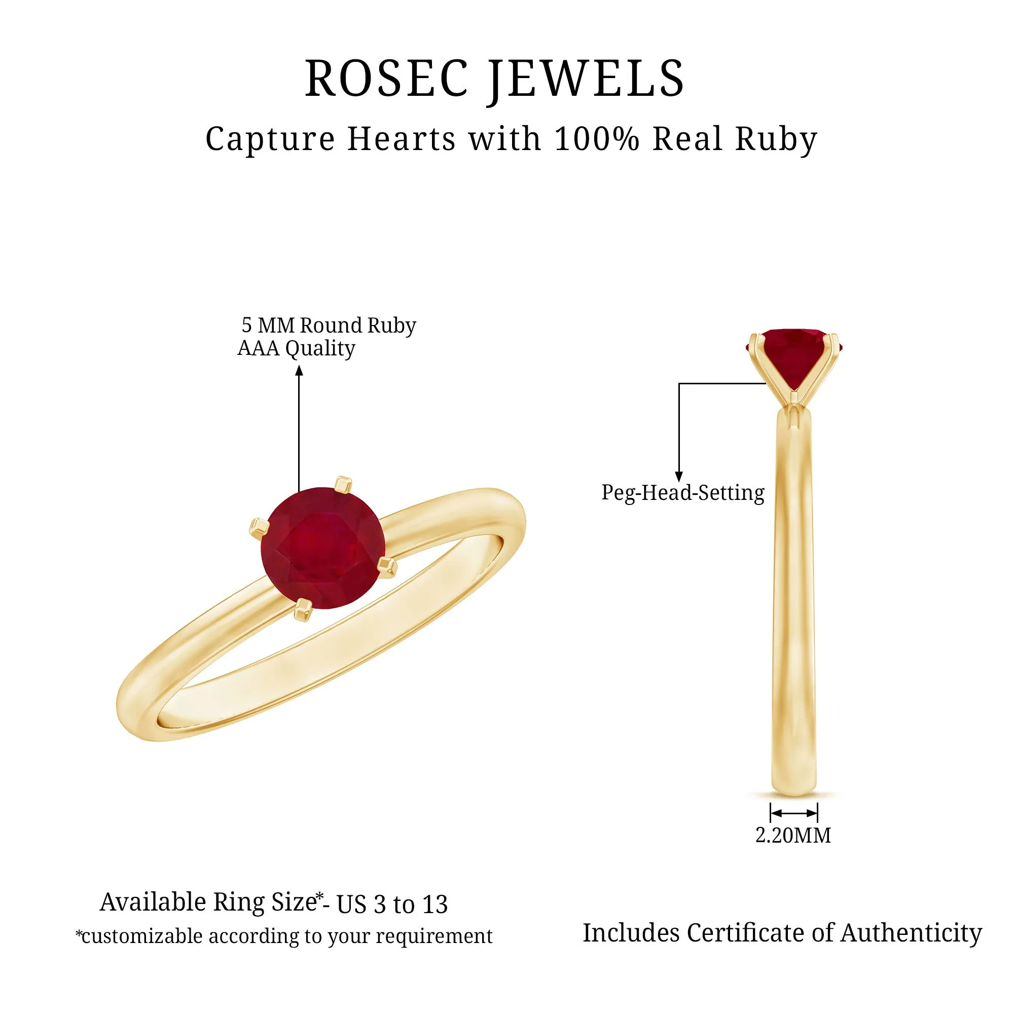 July Birthstone 5 MM Ruby Solitaire Ring in Peg Head Setting