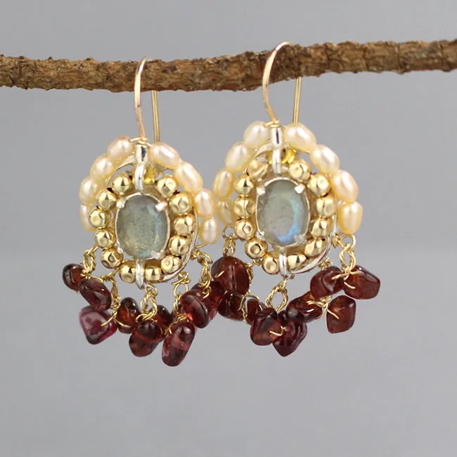 Labradorite Pink Pearls Cherkes Earrings