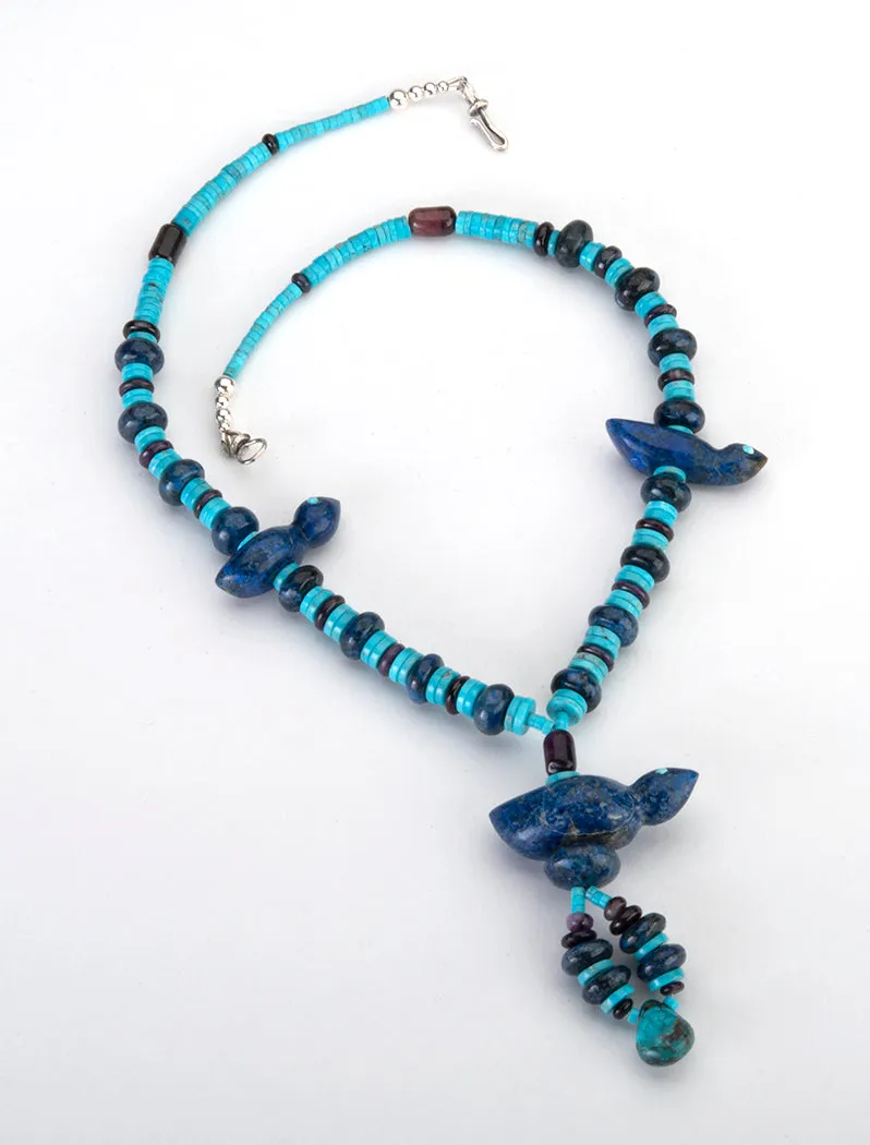 Lapis Feathered Friend Necklace With Turquoise & Sugilite Beads