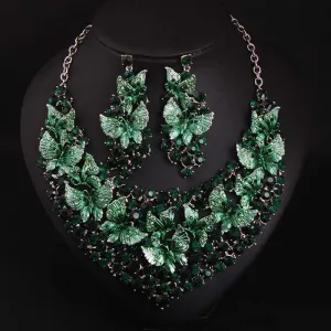 Luxury Green Necklace Earrings Butterfly Jewelry Sets Statement Choker Brides Gift Women Wedding Party Jewellery