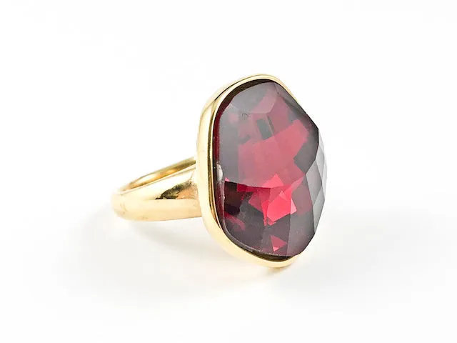 Modern Large Unique Shape Center Ruby Color CZ Gold Tone Steel Ring