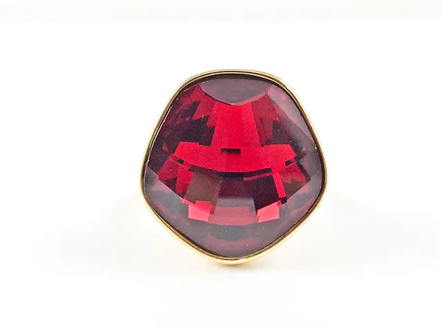 Modern Large Unique Shape Center Ruby Color CZ Gold Tone Steel Ring