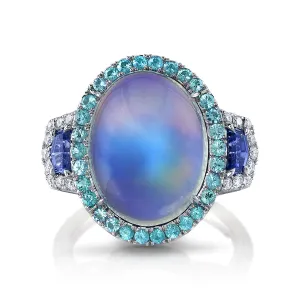 Moonstone, Sapphire, Para√≠ba Tourmaline and Diamond 3-Stone Ring