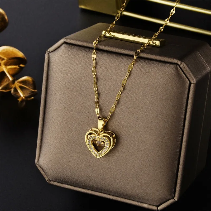 New Design Sense Luxury Zircon Crystal Stainless Steel Necklaces For Women Korean Fashion Sweet Sexy Ladies Neck Chain Jewelry