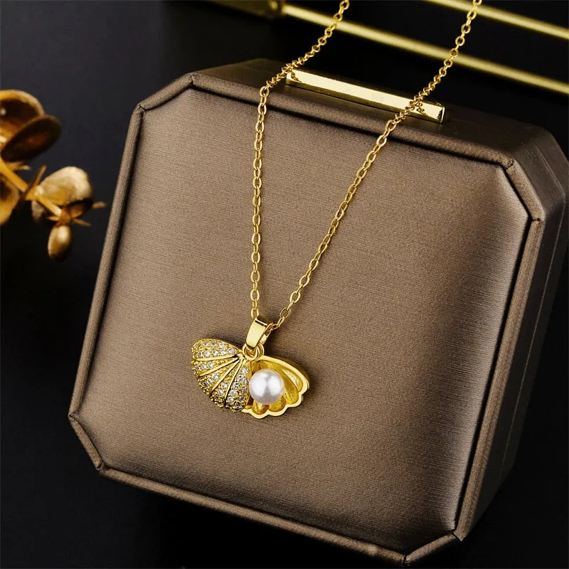 New Design Sense Luxury Zircon Crystal Stainless Steel Necklaces For Women Korean Fashion Sweet Sexy Ladies Neck Chain Jewelry