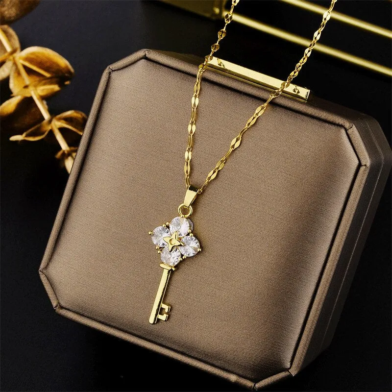 New Design Sense Luxury Zircon Crystal Stainless Steel Necklaces For Women Korean Fashion Sweet Sexy Ladies Neck Chain Jewelry