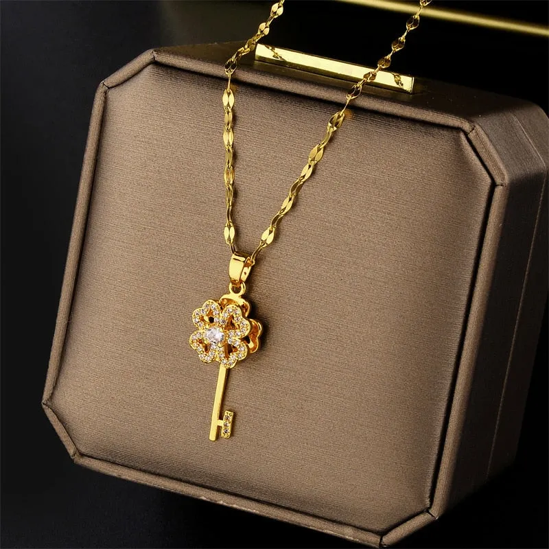 New Design Sense Luxury Zircon Crystal Stainless Steel Necklaces For Women Korean Fashion Sweet Sexy Ladies Neck Chain Jewelry