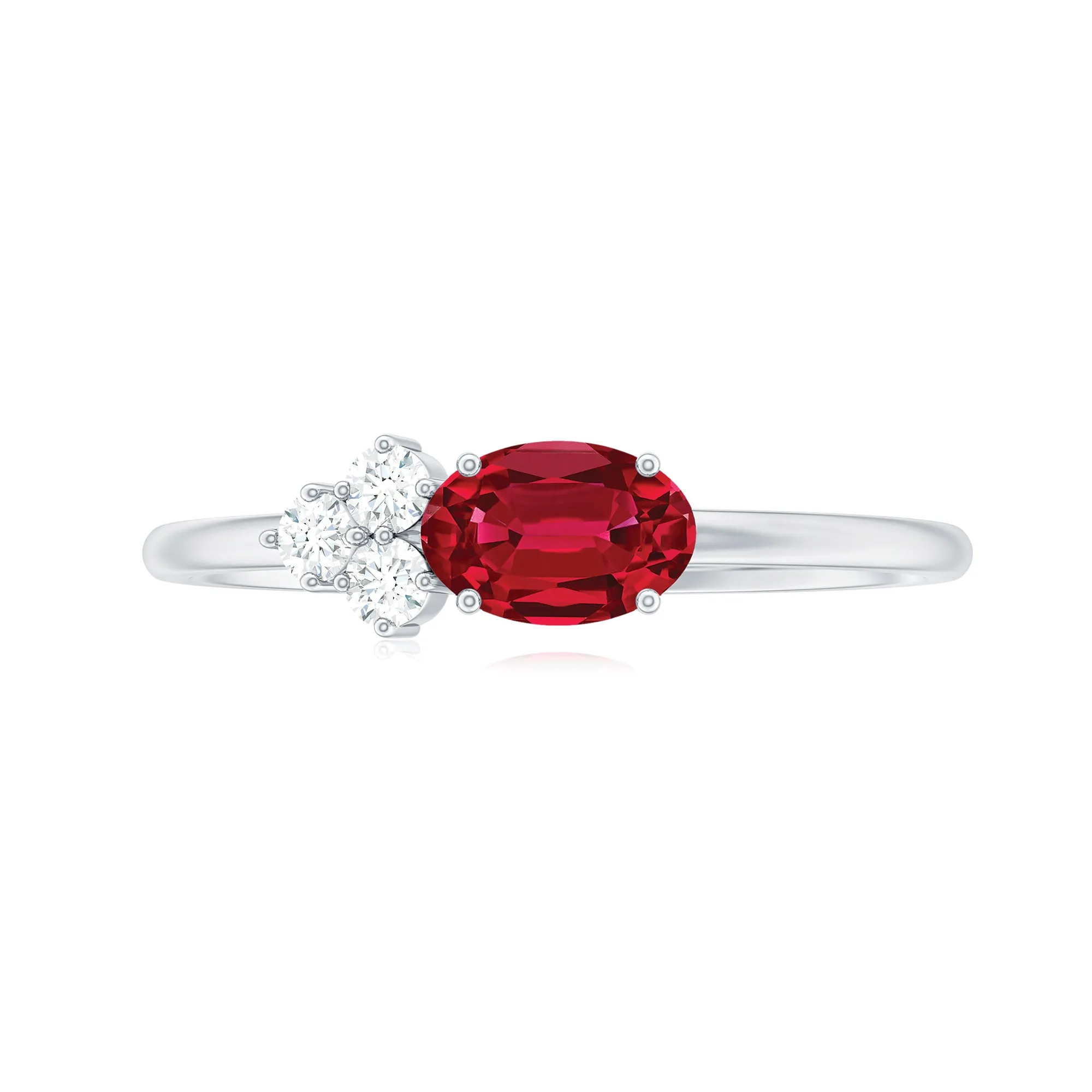 Oval Shape Lab Grown Ruby Ring with Diamond Trio