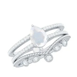 Pear Cut Natural Moonstone and Diamond Wedding Ring Set