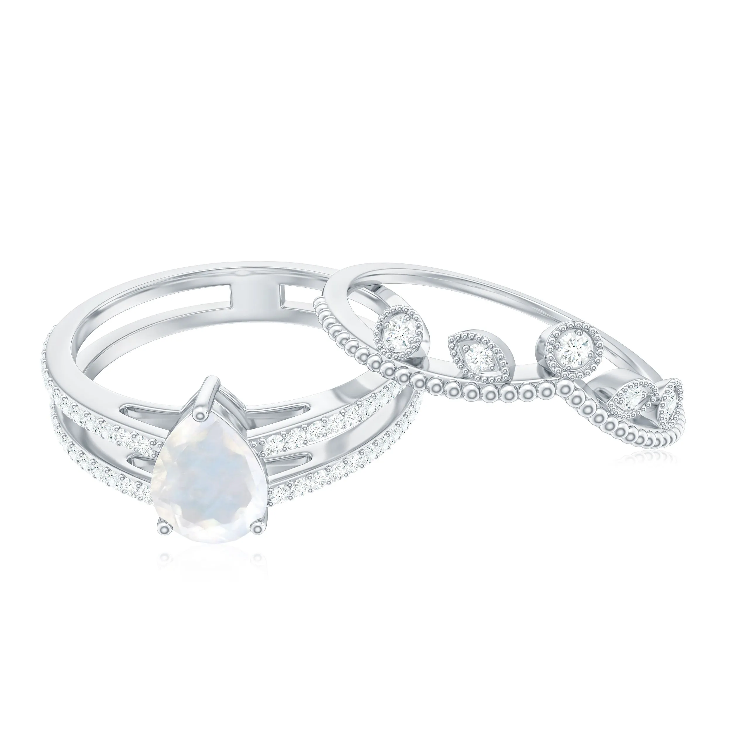 Pear Cut Natural Moonstone and Diamond Wedding Ring Set