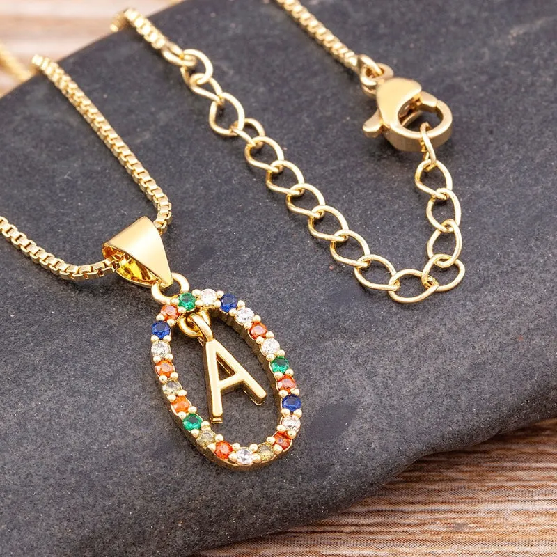 Personalized Sparkling Colorful Zircon Adorned Initial Letter Pendant Necklaces