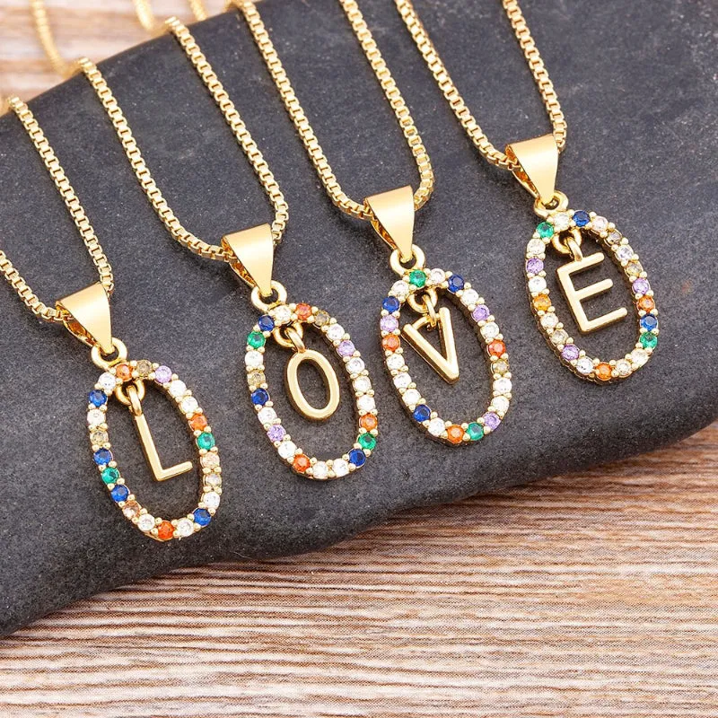 Personalized Sparkling Colorful Zircon Adorned Initial Letter Pendant Necklaces