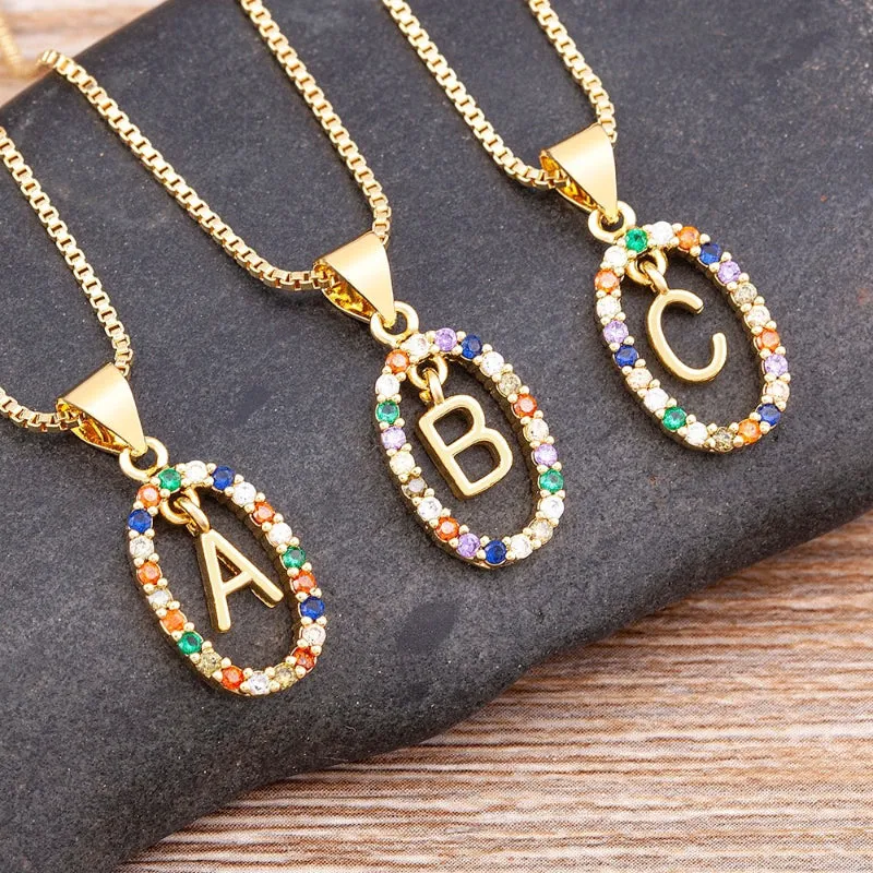 Personalized Sparkling Colorful Zircon Adorned Initial Letter Pendant Necklaces