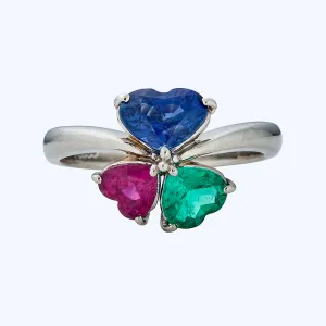 Platinum Heart-Shaped Sapphire, Ruby and Emerald Ring